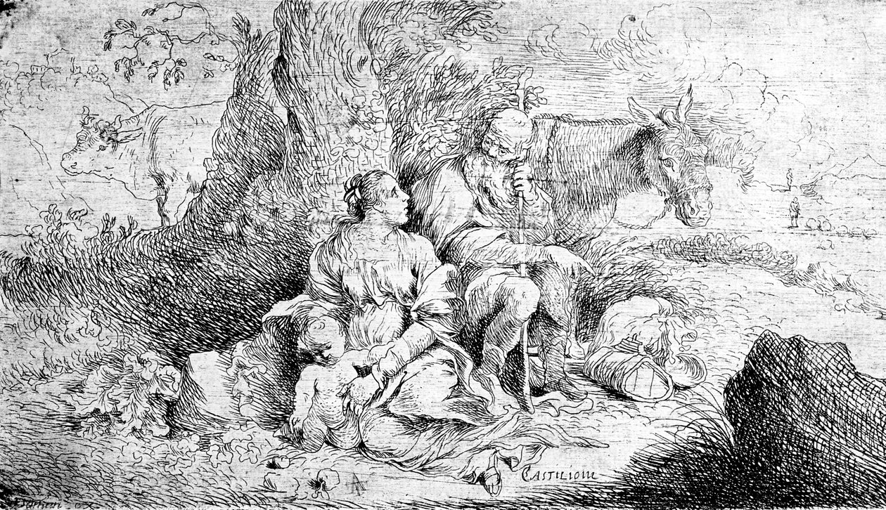 The Rest on the Flight into Egypt, etset av Antonio Travi av Giovanni Benedetto Castiglione