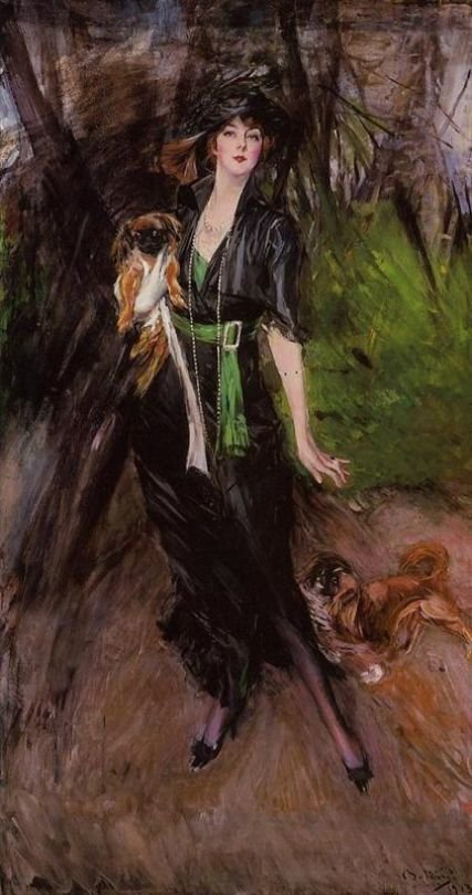 Portrett av Lady Lina Bilitis med to Pekinesen Deutsch: Portrat der Lady Lina Bilitis mit zwei Pekingesenn av Giovanni Boldini