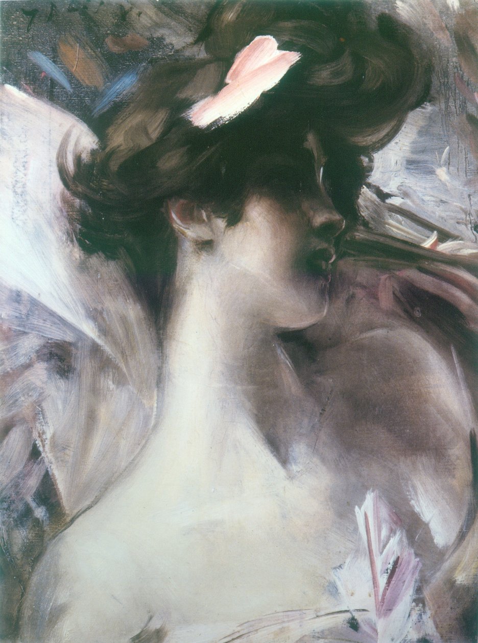 Hodet til en ung mann på rosan bakgrunn av Giovanni Boldini