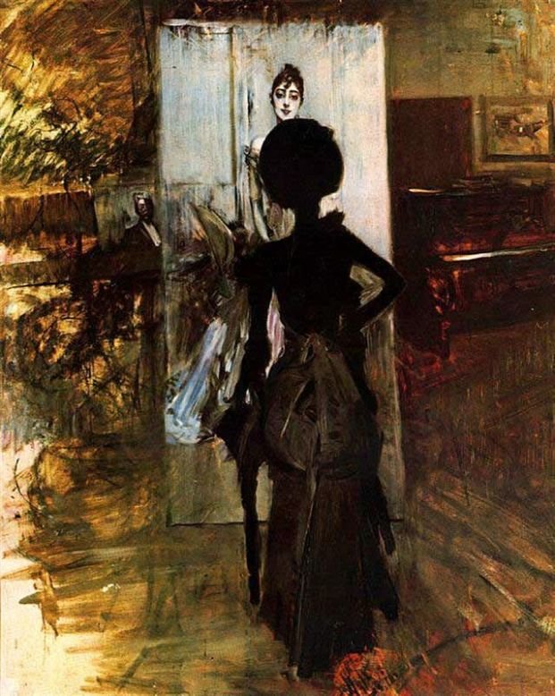 Woman in Black who Watches the Pastel of Signora Emiliana Concha de Ossan av Giovanni Boldini