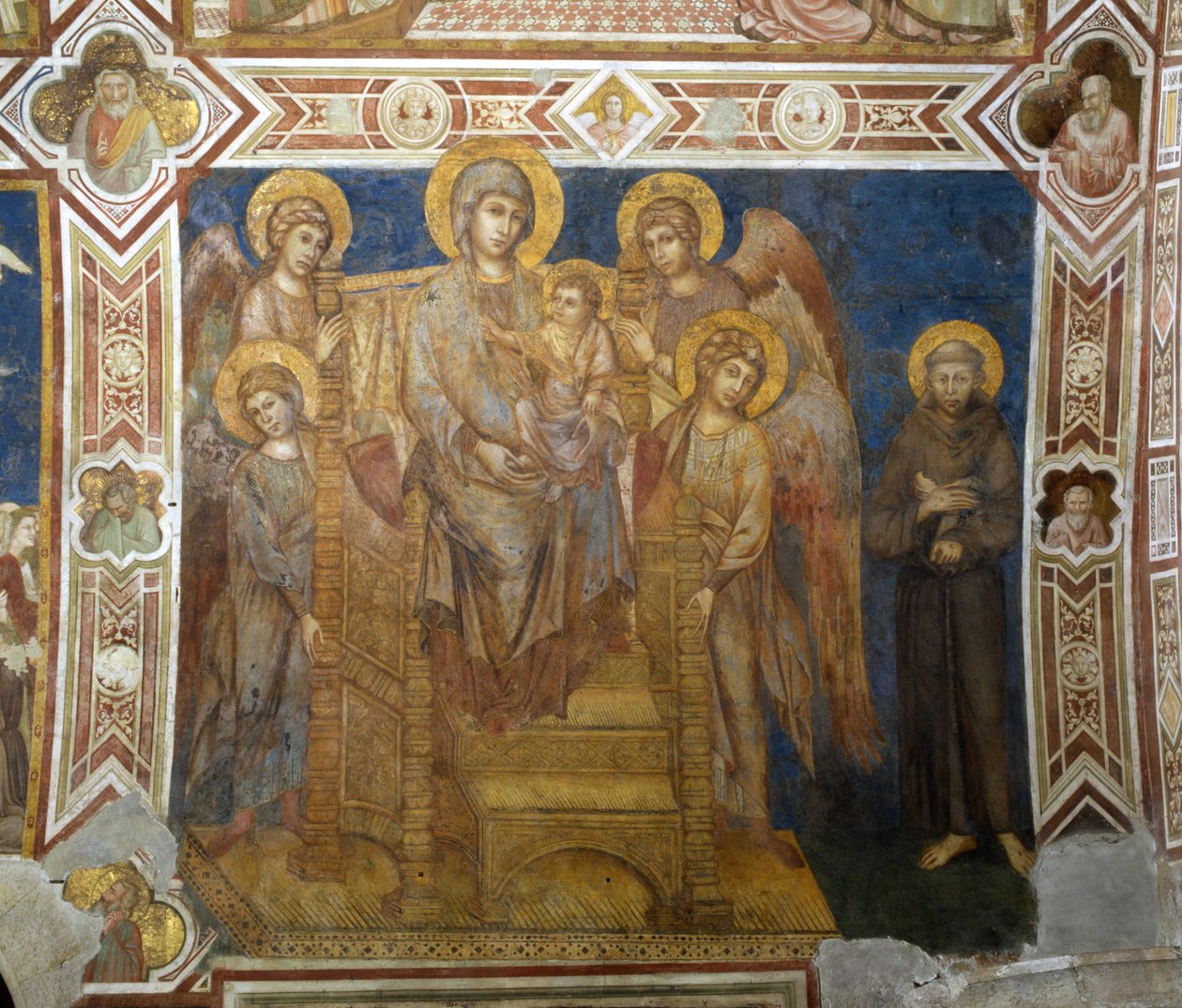 Madonna og barn tronet med engler og den hellige Frans av Assisi av Giovanni Cimabue