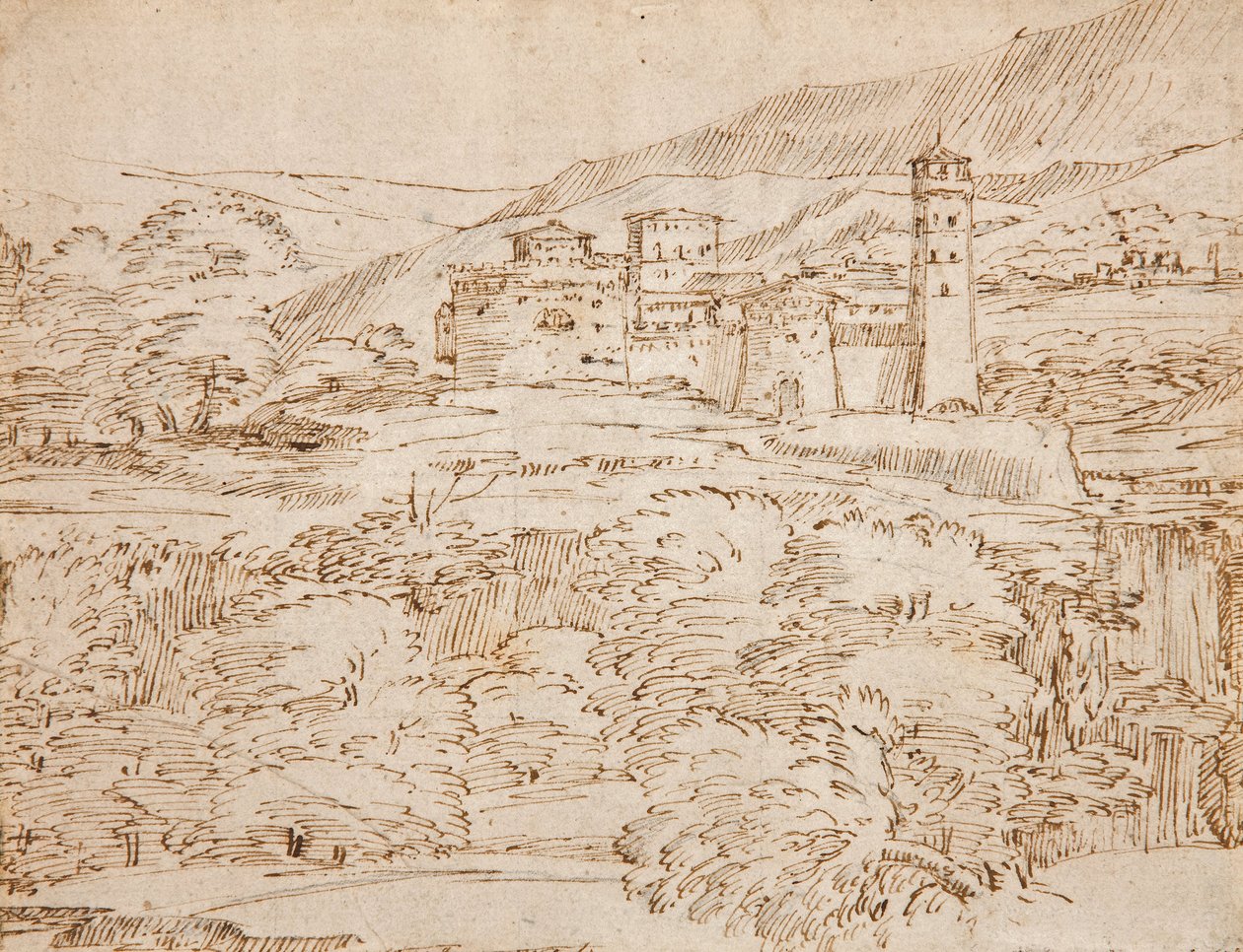 Et landskap med et slott over et belte av trær av Giovanni F. Grimaldi