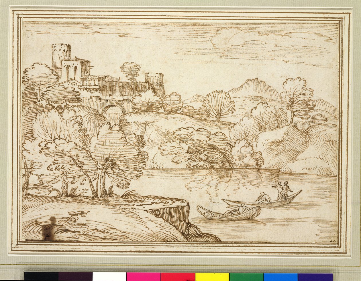 Klassisk landskap med båter på en innsjø under et slott (svart kritt, penn og brunt blekk på papir) av Giovanni F. Grimaldi