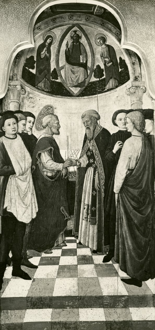 Jomfruens liv, innvielse av jomfruen ved tempelet, ca. 1445 olje på poppelpanel bw foto av Giovanni Francesco da Rimini