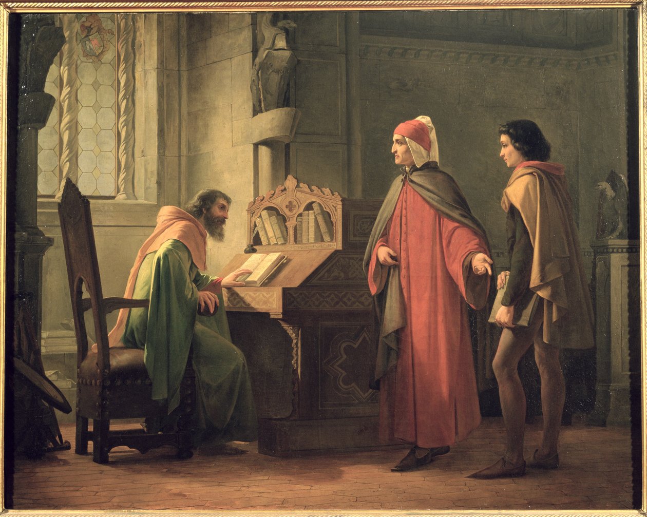 Dante (1265-1321) presenterer Giotto (1266-1337) for Guido da Polenta (d.1310) av Giovanni Mochi