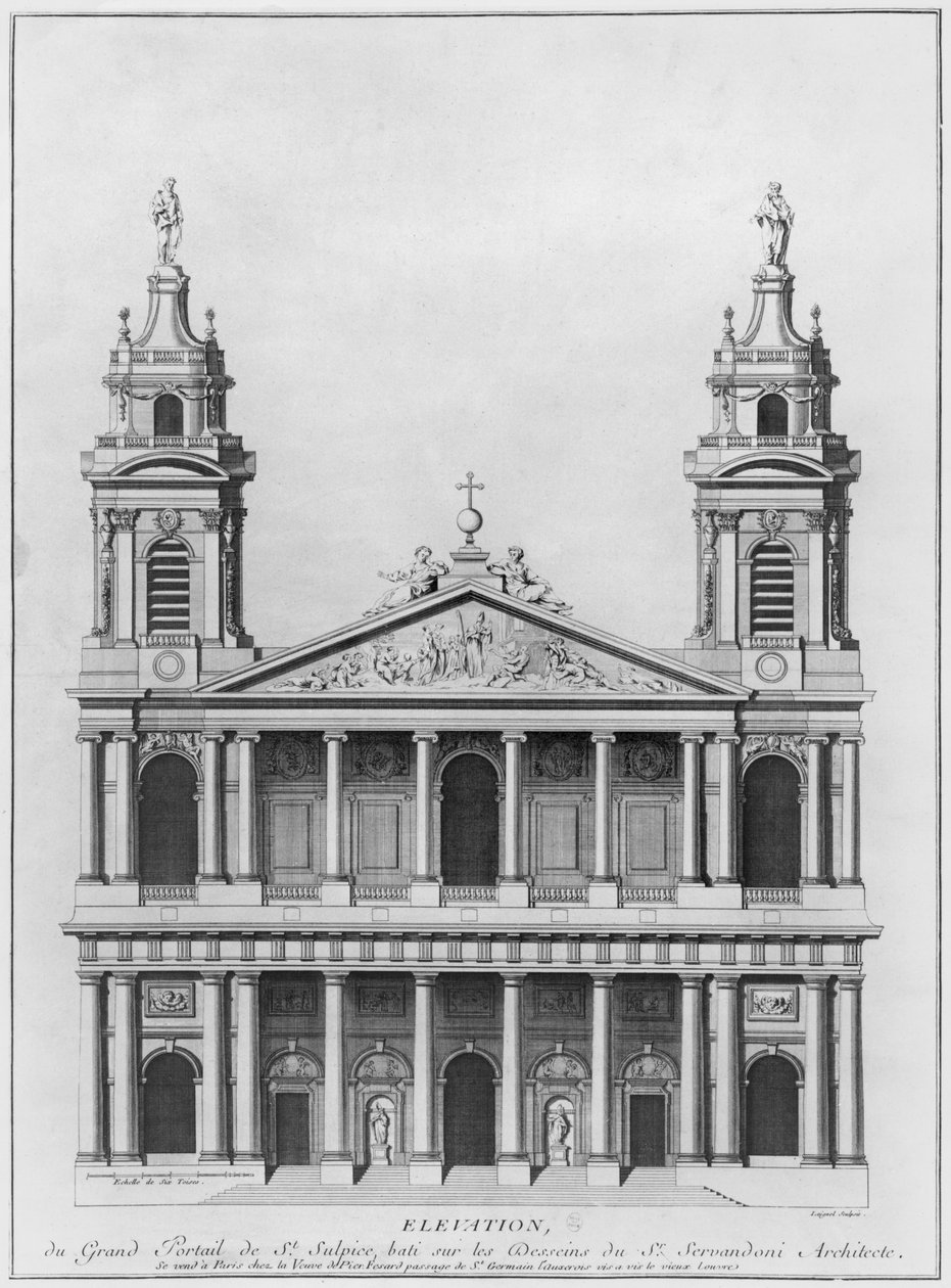 Church of Saint-Sulpice, forhøyning av fasaden, Paris, gravert av Loignel eller Laignel av Giovanni Niccolo Servandoni