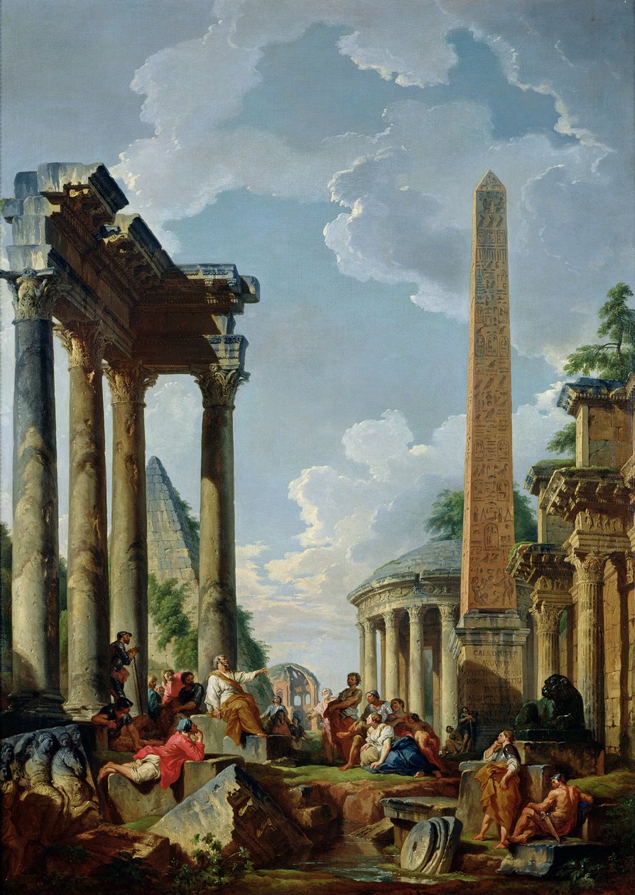 Arkitektonisk Capriccio med en predikant i ruinene, ca. 1745 av Giovanni Paolo Pannini