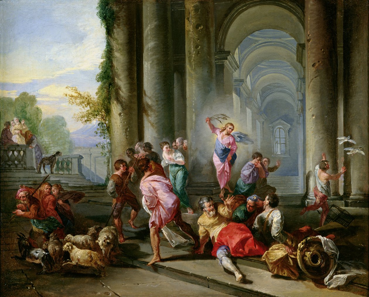 Kristus som driver kjøpmennene fra tempelet, ca. 1720-30 av Giovanni Paolo Pannini