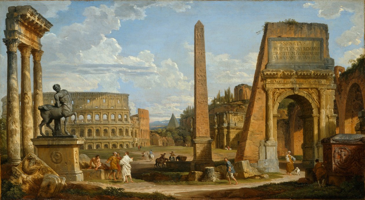 En Capriccio-utsikt over romerske ruiner, 1737 av Giovanni Paolo Pannini