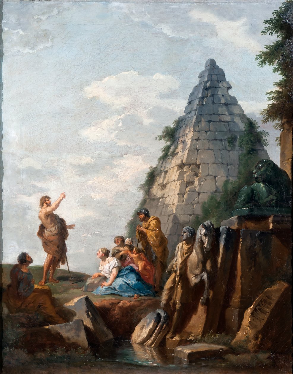 Capriccio med forkynnelsen av døperen Johannes, Cestius-pyramiden og andre klassiske monumenter, 1745 av Giovanni Paolo Pannini