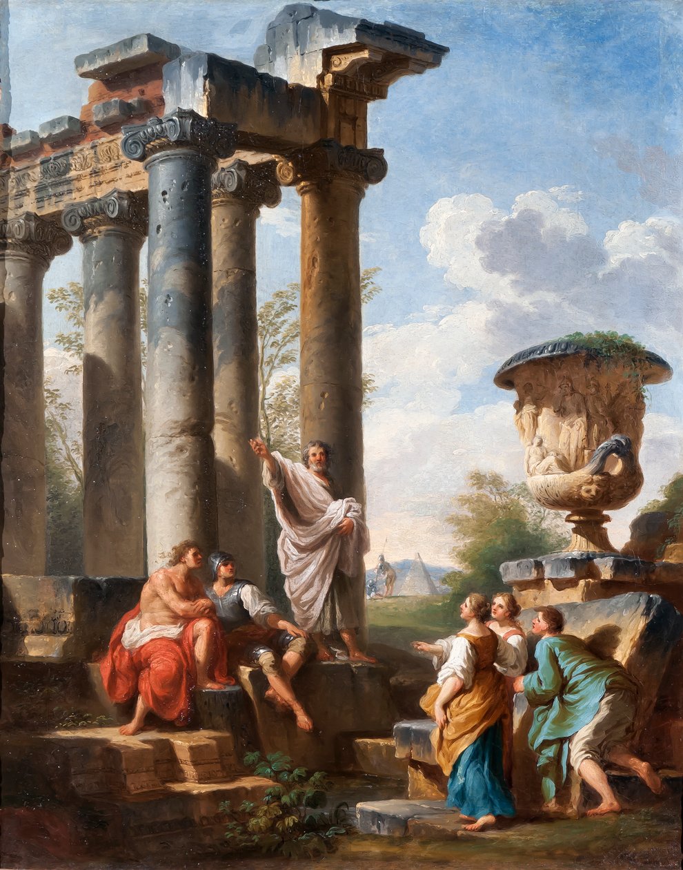 Capriccio med forkynnelse av en helgen, Medici-vasen, et ødelagt tempel og Cestius-pyramiden, ca. 1745 av Giovanni Paolo Pannini