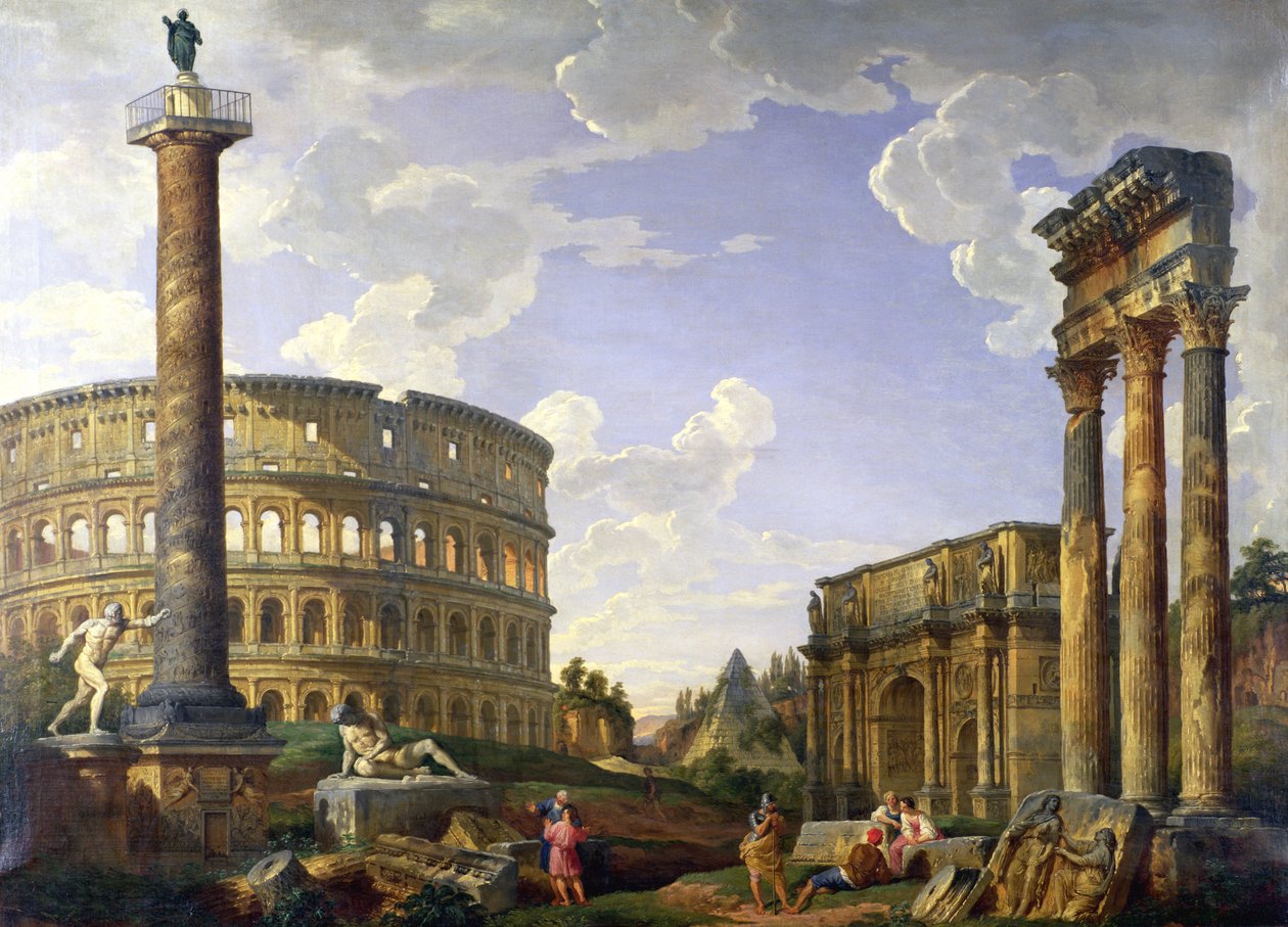 Roman Capriccio som viser Colosseum, Borghese-krigeren, Trajans søyle, den døende galleren, Cestius grav, Konstantins bue og Castor og Pollux-tempelet av Giovanni Paolo Pannini