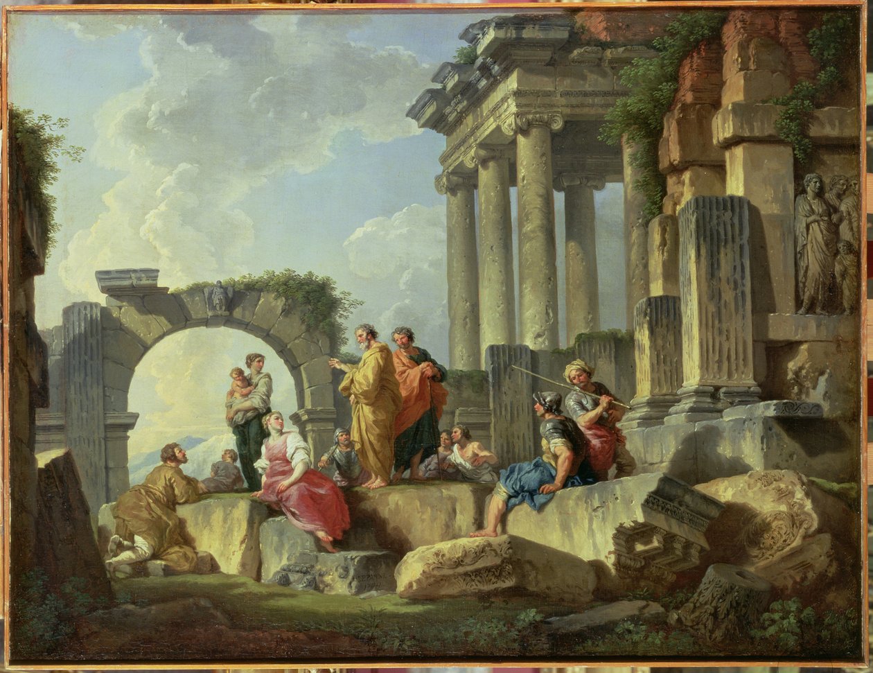 Ruiner med apostelen Paulus forkynnelse, 1744 av Giovanni Paolo Pannini
