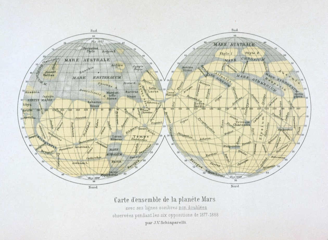 Sammensatt kart over planeten Mars, fra observasjoner gjort under seks opposisjoner i 1877-88 av Giovanni Schiaparelli