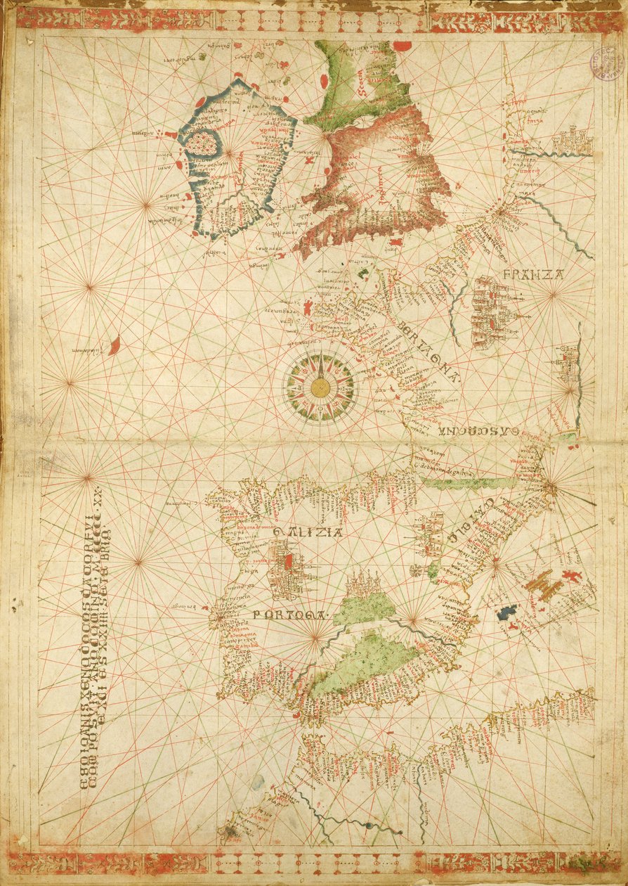 Atlanterhavskysten av Europa og Afrika, fra et nautisk atlas, 1520 (blekk på vellum) (se også 330911-330912) av Giovanni Xenodocus da Corfu