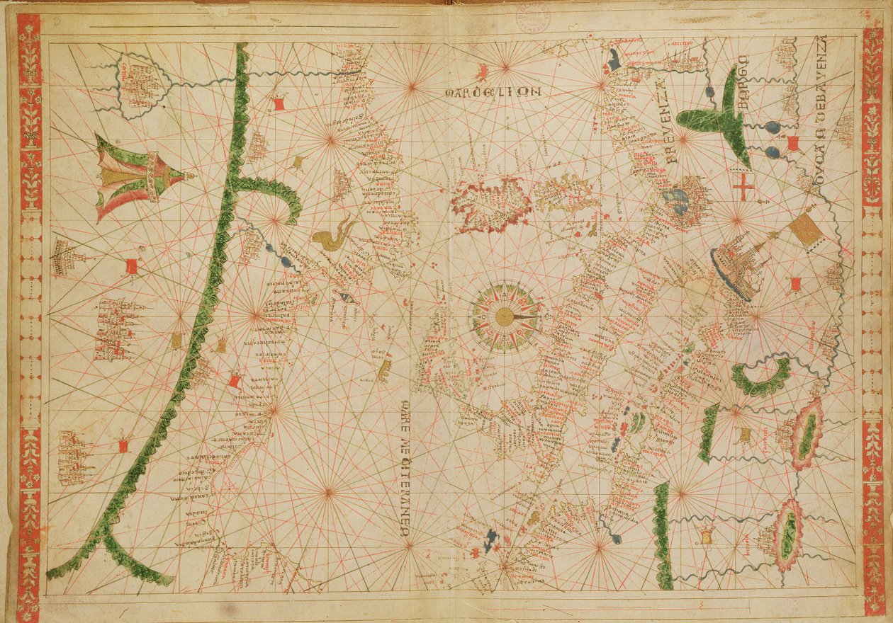 Det sentrale Middelhavet, fra et nautisk atlas, 1520 (blekk på vellum) (se også 330916-330918) av Giovanni Xenodocus da Corfu