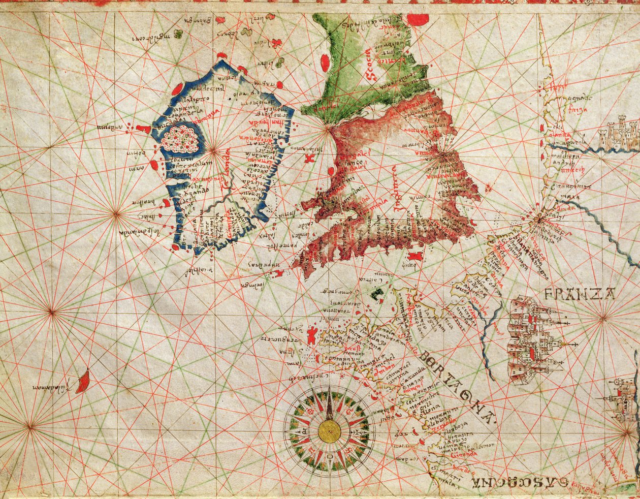 Den franske kysten, England, Skottland og Irland, fra et nautisk atlas, 1520 (blekk på vellum) (detalj fra 330910) av Giovanni Xenodocus da Corfu