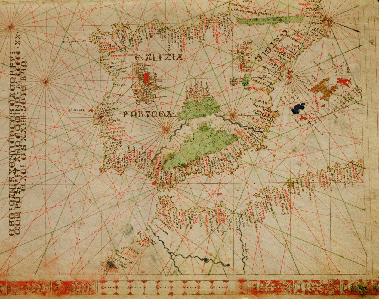 Den iberiske halvøy og nordkysten av Afrika, fra et nautisk atlas, 1520 (blekk på vellum) (detalj fra 330910) av Giovanni Xenodocus da Corfu