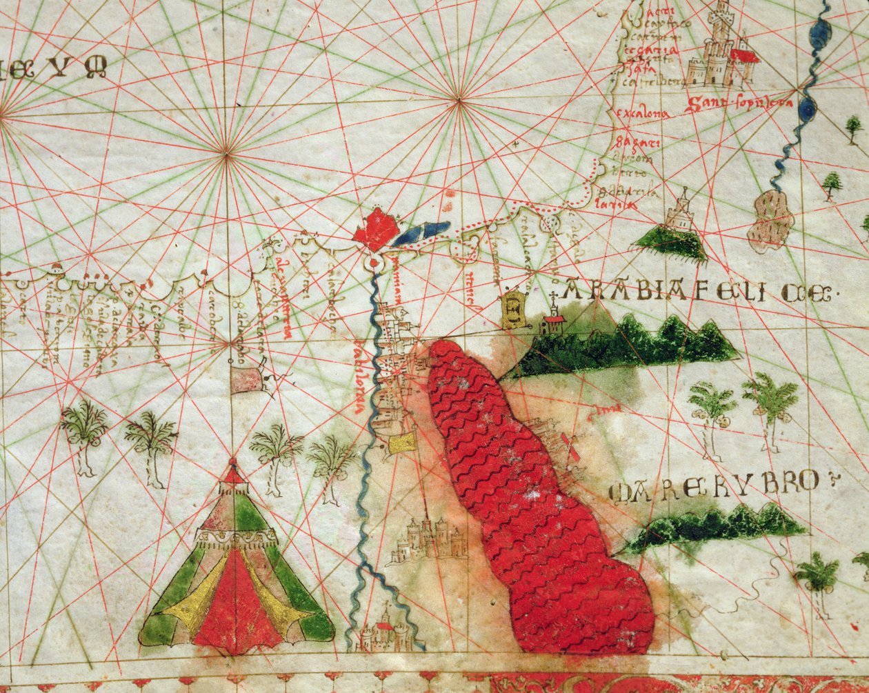 Rødehavet, fra et nautisk atlas, 1520 (blekk på vellum) (detalj fra 330913) av Giovanni Xenodocus da Corfu