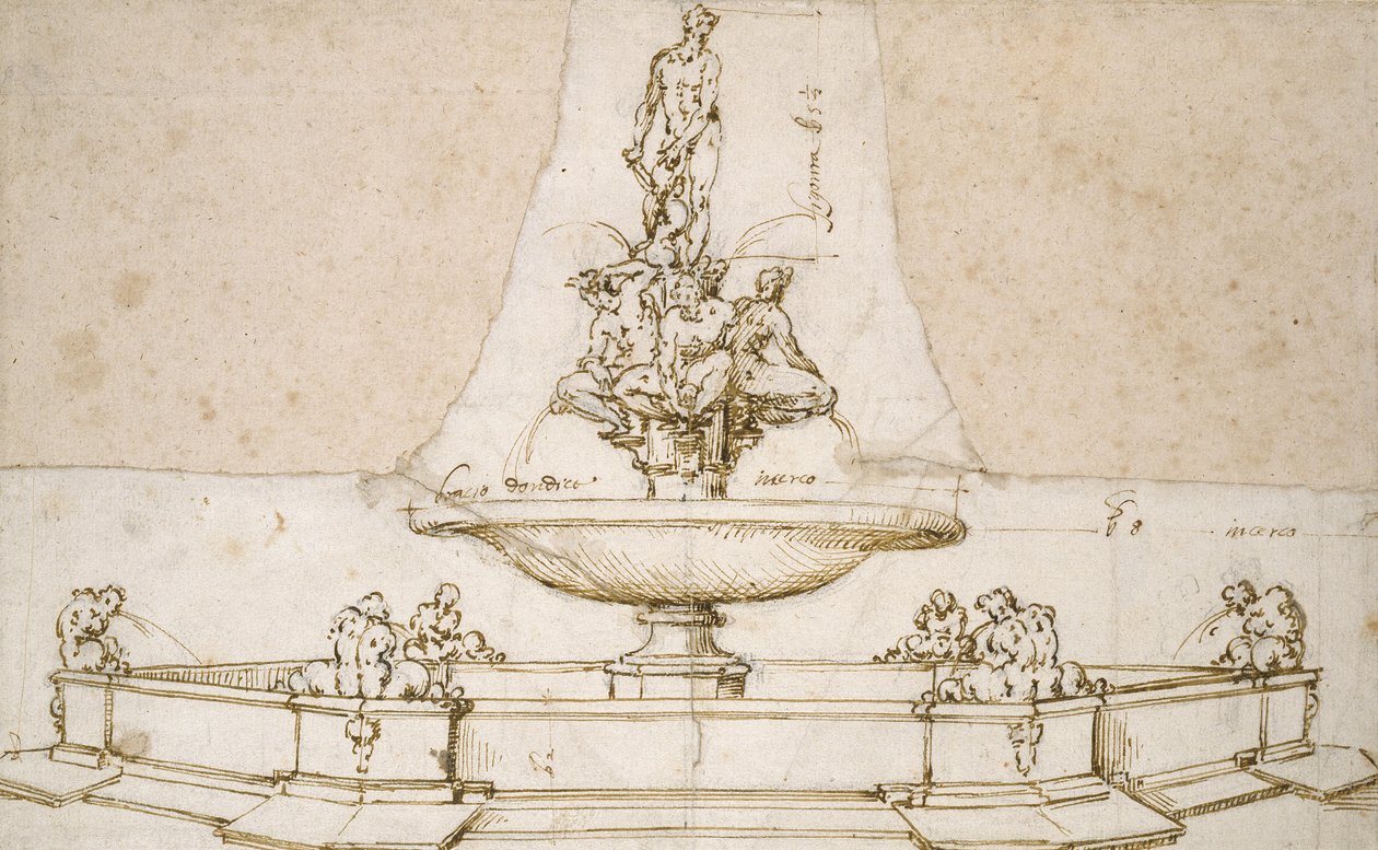 Design for en fontene (penn og brunt blekk over indikasjoner i svart kritt og fordypninger med stilus på hvitt papir) av Giovanni da Bologna