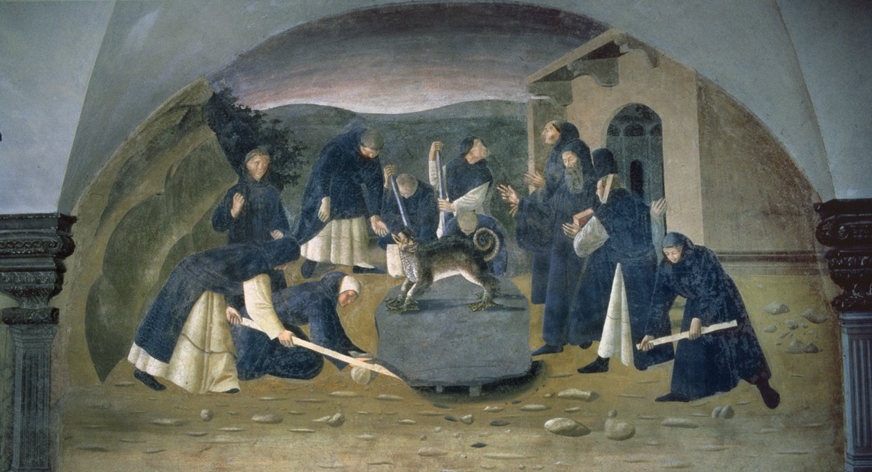 St. Benedict Lifting the Fallen Rock, detalj fra freskosyklusen til St. Benedicts liv fra Chiostro degli Aranci (appelsinens kloster) ca. 1430-tallet av Giovanni di Consalvo