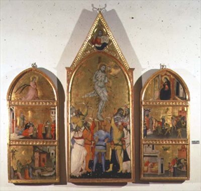 The Martyrdom of St. Sebastian-altertavle, sentralpanel som viser martyriumet og sidepaneler som viser andre scener fra helgenens liv (tempera på panel) av Giovanni di Niccolo del Biondo