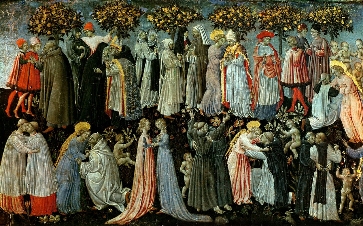 The Last Judgement, detalj av predella-panelet som viser Paradise, 1460-65 (tempera på panel) (detalj av 218797) av Giovanni di Paolo