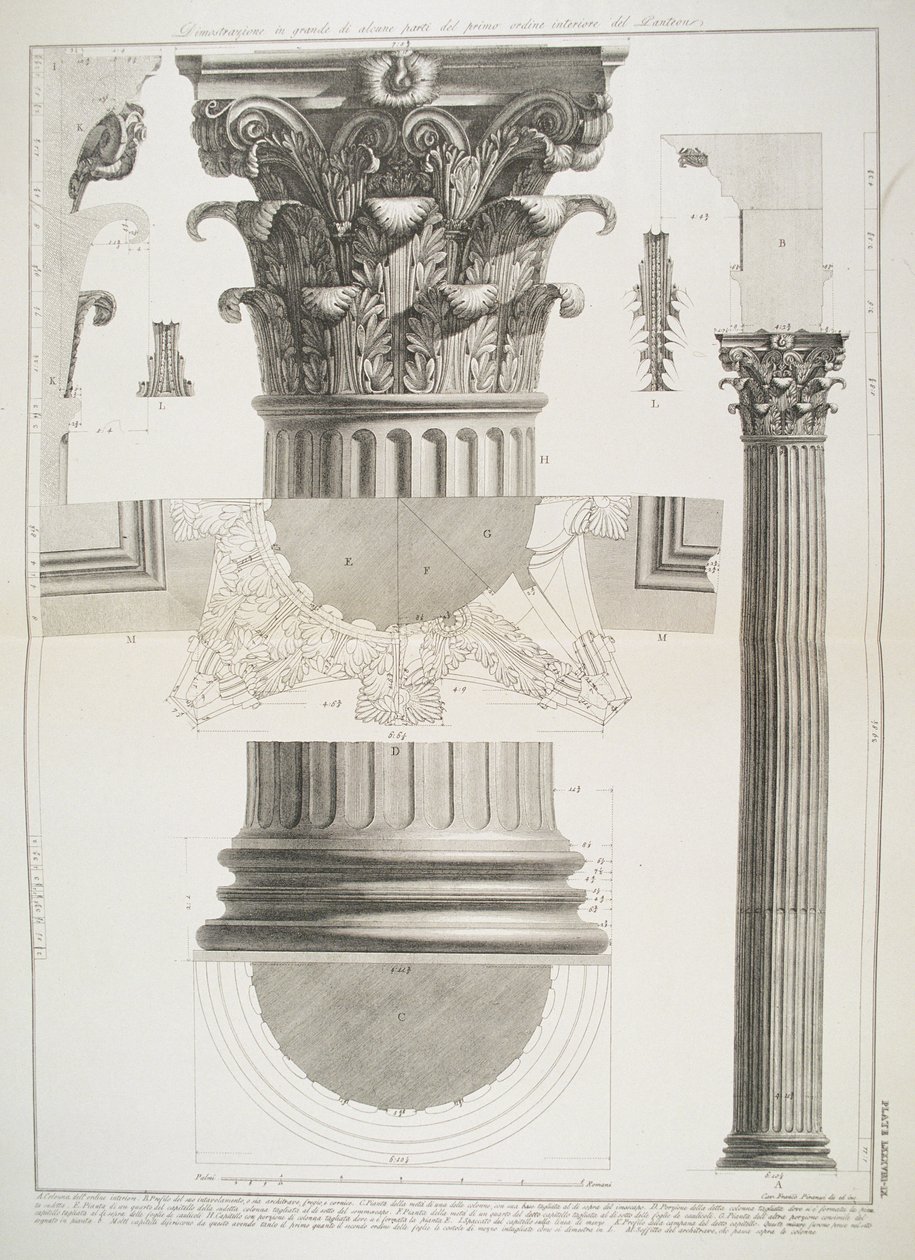 Plate LXXXVIII-IX Demonstrasjon i stor skala av deler av den første rekkefølgen av kolonner inne i Pantheon fra 