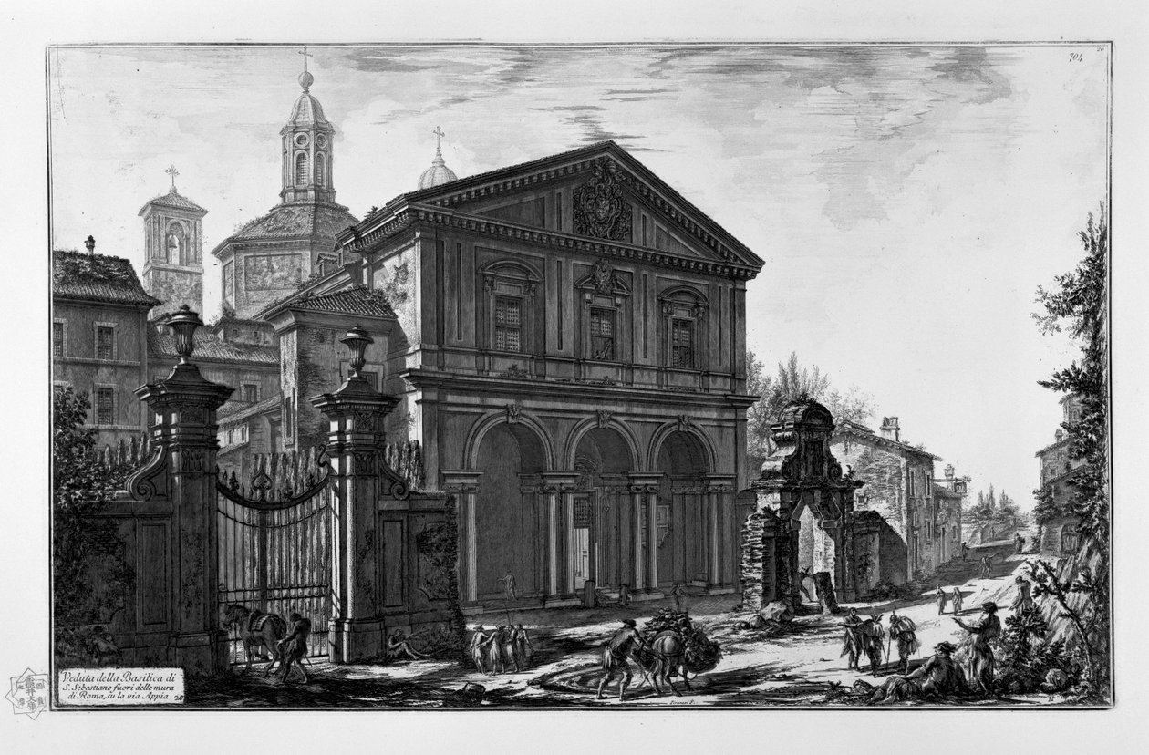 Utsikt over basilikaen i San Sebastiano utenfor murene i Roma, på Via Appia av Giovanni Battista Piranesi