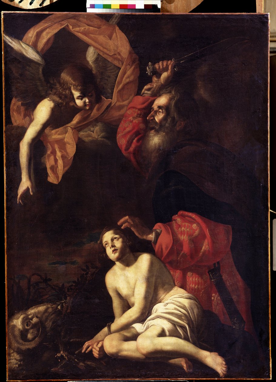 ""Abraham ofrer Isak"" (Abrahams Isaks offer) Engelen holder Abrahams hånd foran ofringen til hans sønn Isak. Til venstre, væren som Abraham vil drepe i stedet. Maleri av Giovanni Battista Caracciolo kjent som Battistello (1578-1635) 161 av Giovanni Battista Caracciolo