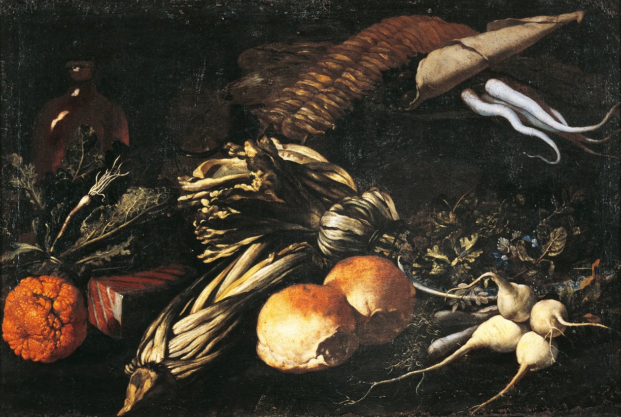 Stilleben med grønnsaker (olje på lerret) av Giovanni Battista Ruoppolo or Ruopolo