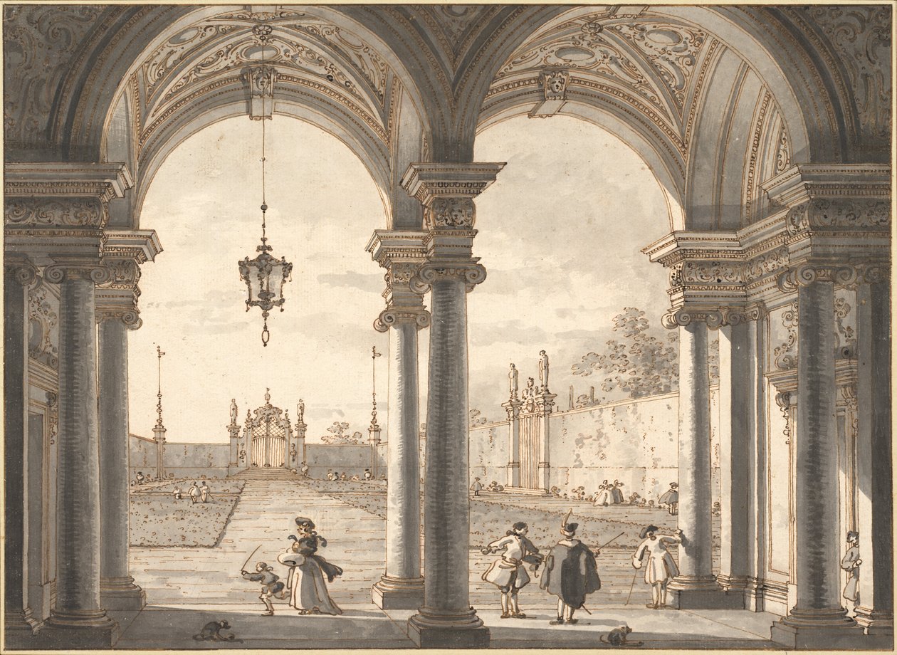 Utsikt gjennom en barokk kolonnade inn i en hage, 1760-1768 av Giovanni Antonio Canal