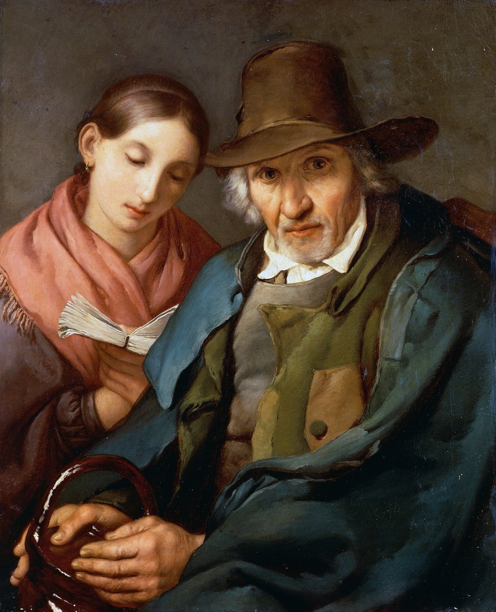 Figur av en eldre mann som sitter med en ung almue som leser en bok, av Giovanni Carnovali kjent som Piccio (1804-1873), olje på lerret, 72x59 cm av Giovanni Carnovali