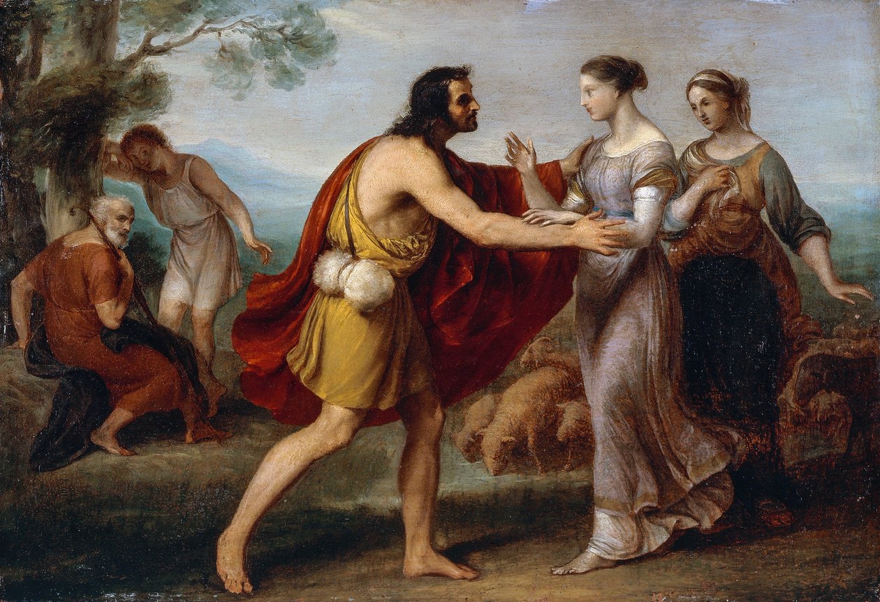 Møte mellom Jacob og Rachel, av Giovanni Carnovali kjent som Piccio (1804-1873), olje på kobber, 38x53 cm av Giovanni Carnovali