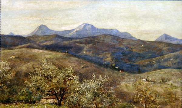 Vårlandskap med en fjern utsikt over Monte Catria: Tidlig morgen av Giovanni Costa