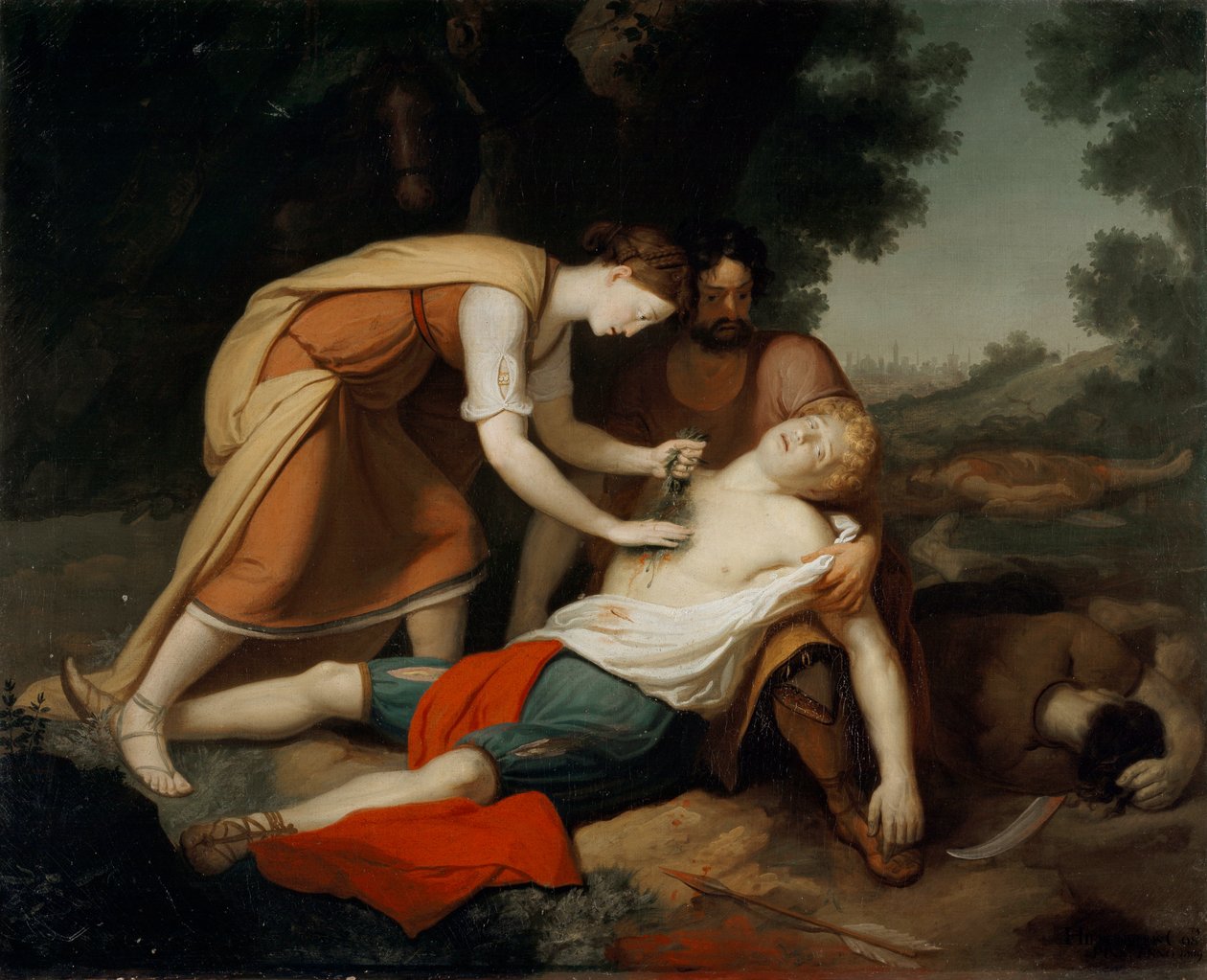 Erminia og Vafrino oppdager den sårede Tancrede (sang 19 fra Jerusalem levert av Torquato Tasso) (maleri av Giovanni Costa