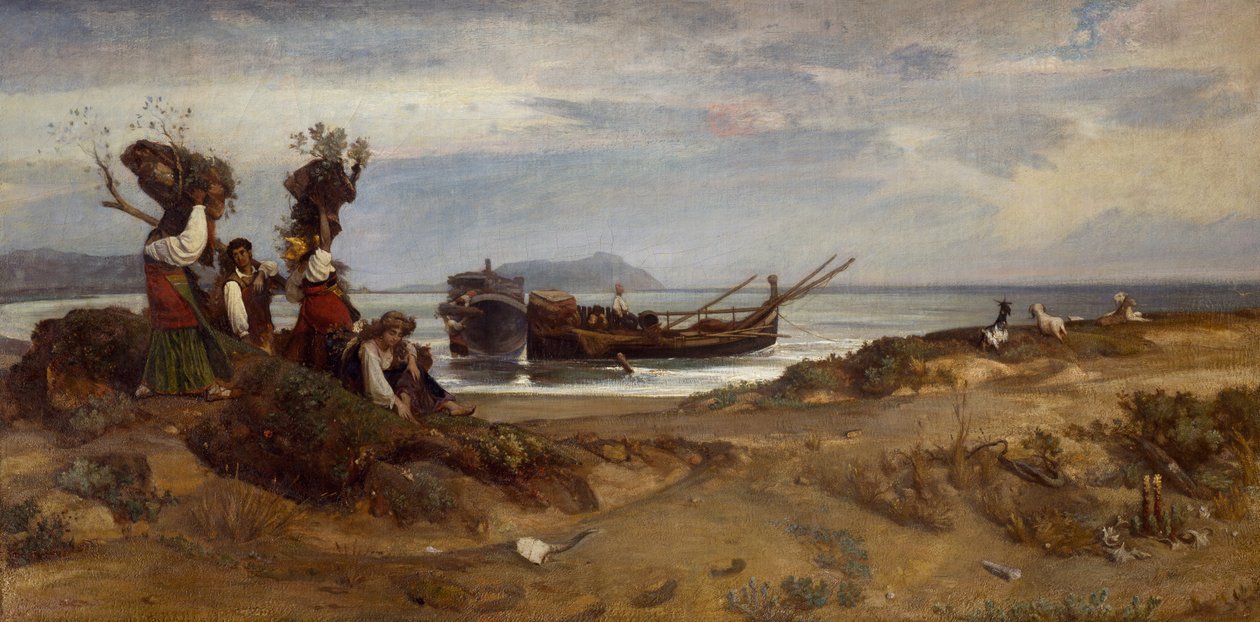 Kvinner som bærer ved i havnen i Anzio av Giovanni Costa
