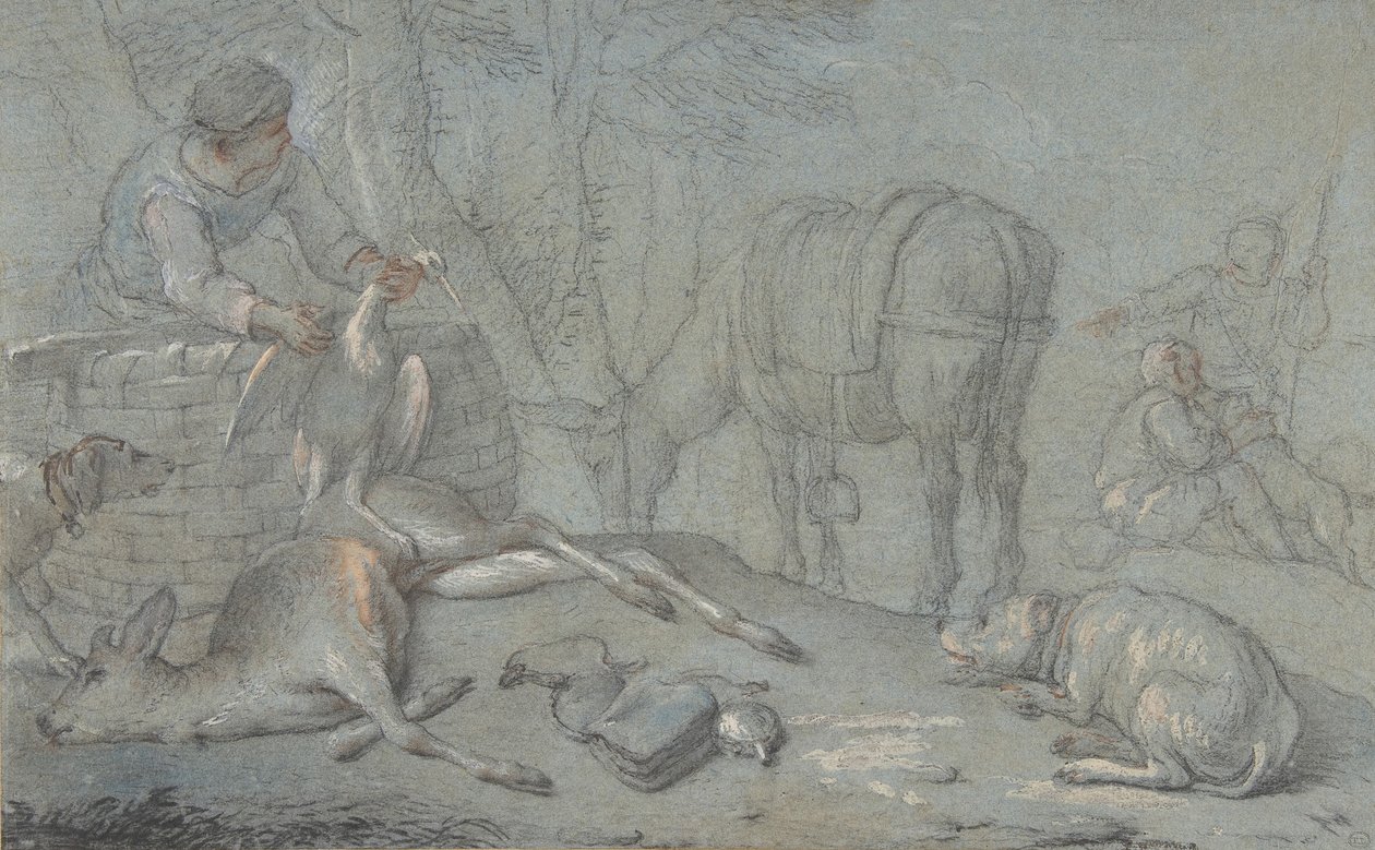 Jegere med dødt vilt i et landskap, 1600-1800. av Giovanni Agostino Cassana