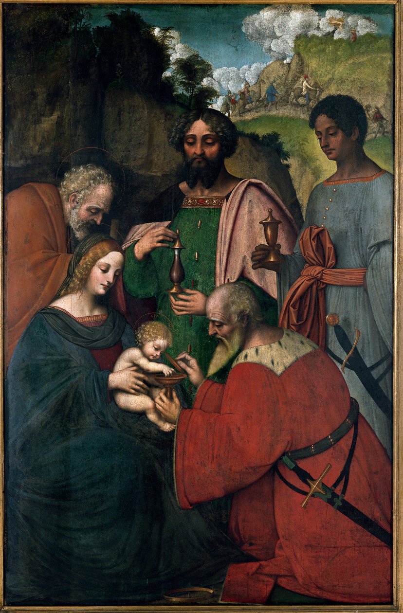 Tilbedelse av Magi (olje på panel av Giovanni Agostino da Lodi