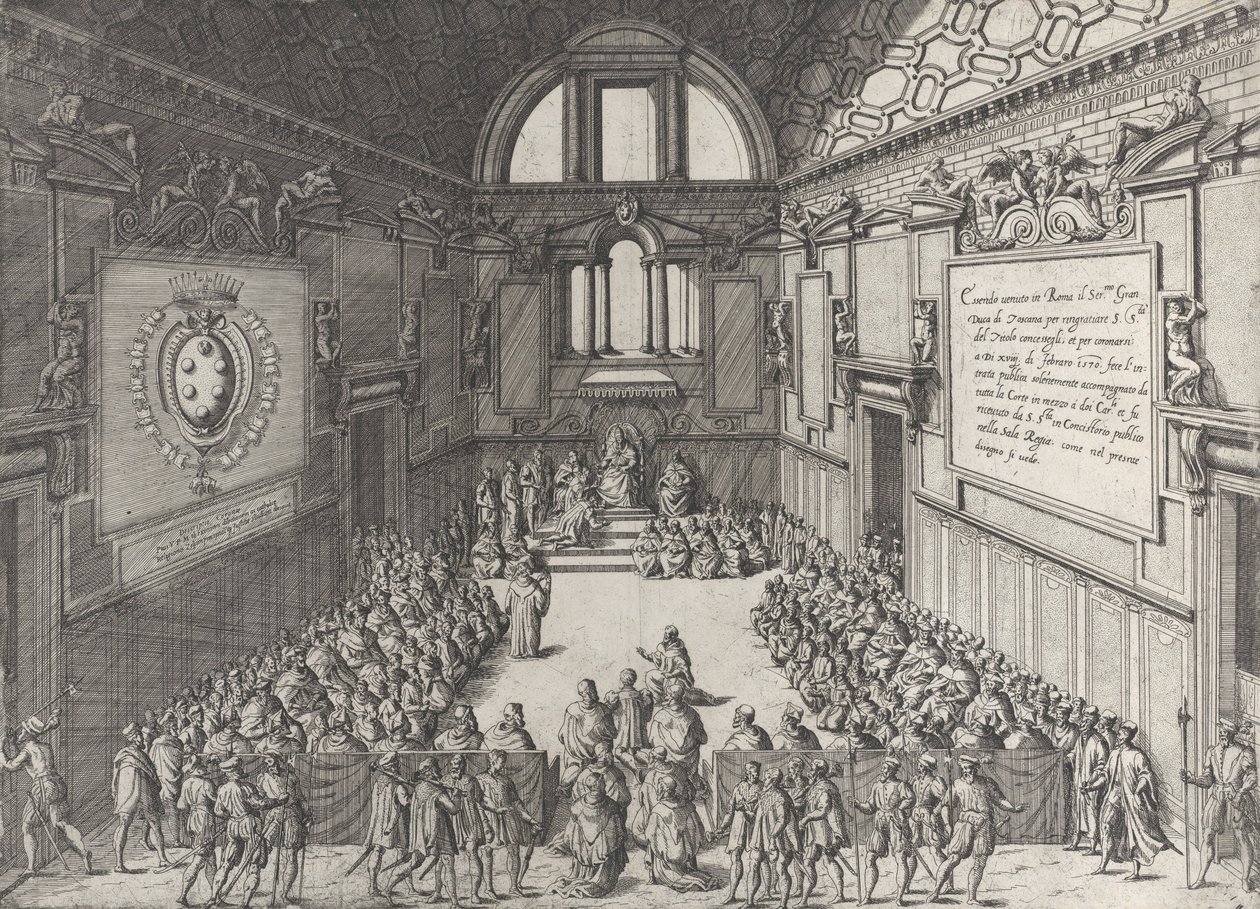 Publikum gitt av pave Pius V til Cosimo I, hertugen av Toscana, 1575-99. av Giovanni Ambrogio Brambilla