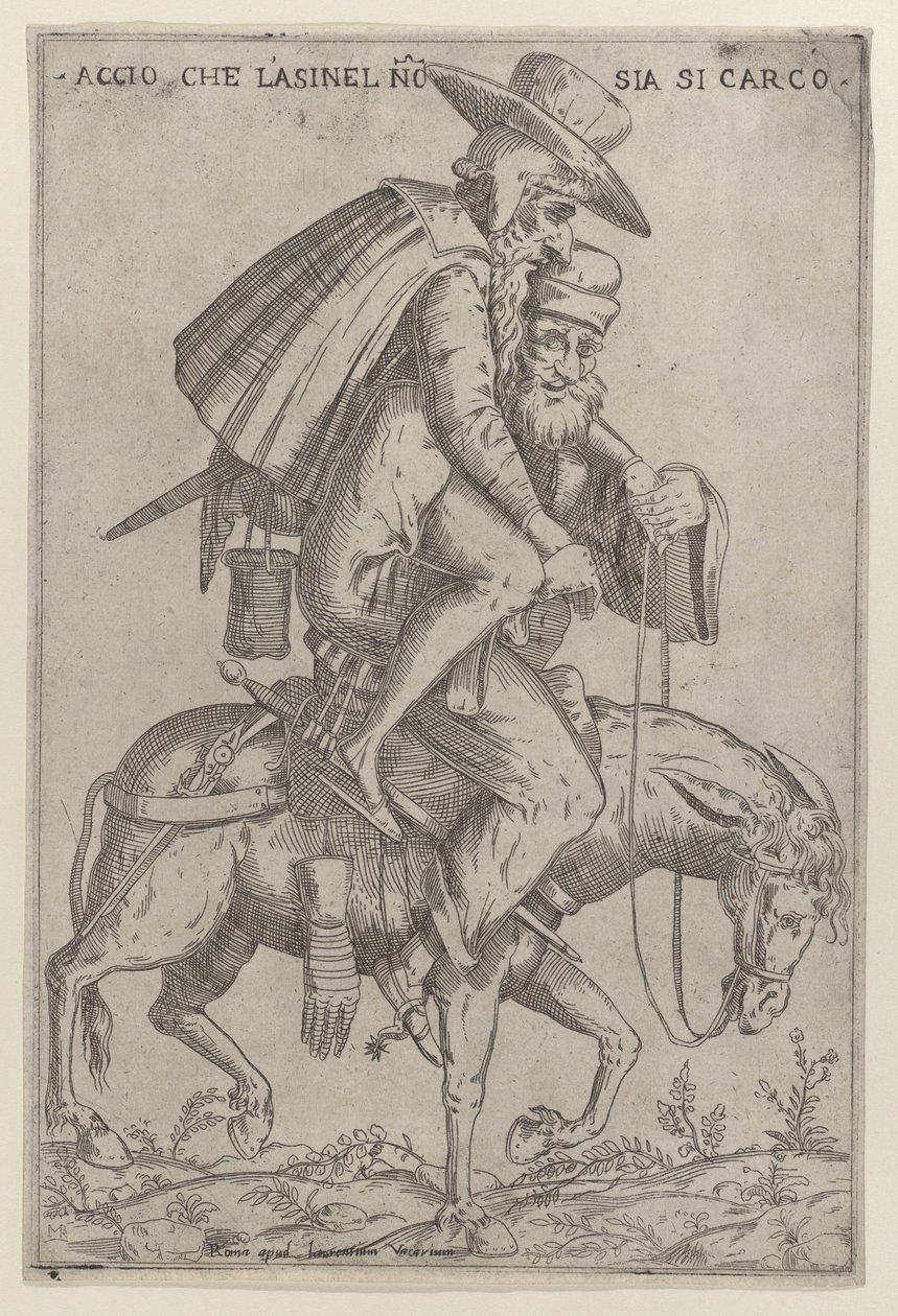 Karikatur med to menn på et muldyr, 1575-99. av Giovanni Ambrogio Brambilla