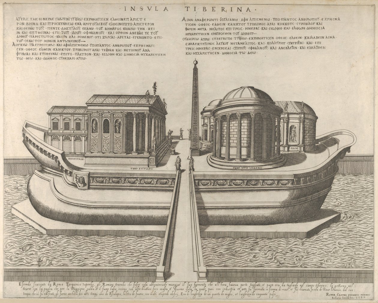 Utsikt over Tiberøya representert som et skip, Aesculapius-tempelet til venstre, 1582., 1582. av Giovanni Ambrogio Brambilla