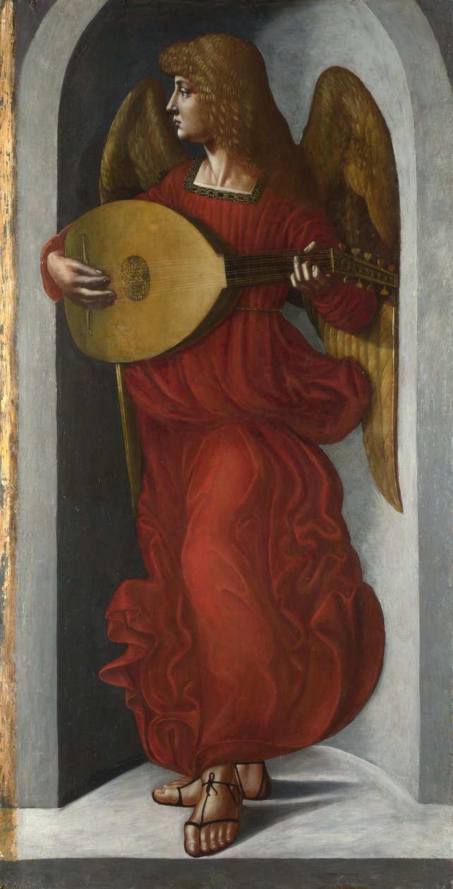En engel i rødt med en lut, ca. 1490-1499 av Giovanni Ambrogio de Predis