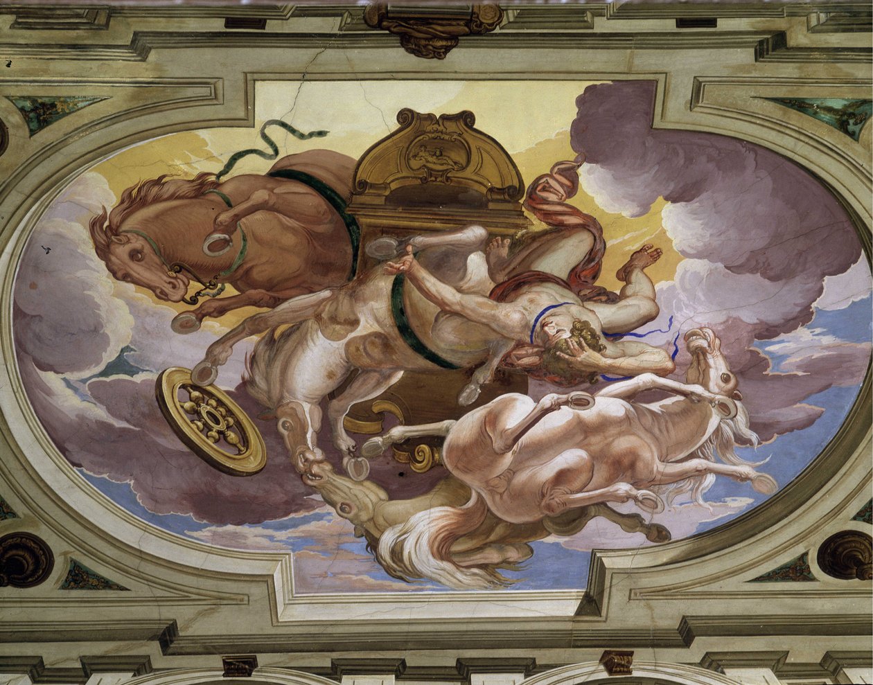 Phaetons fall (Phaethon) og hans himmelvogn forårsaket av Zevs sinne - Fresker i trompe l'oeil laget av Carlone le Genois (1639-1697) - Gammelt middelalderslott, tak i festsalen i Cagnes (06) av Giovanni Andrea Carlone