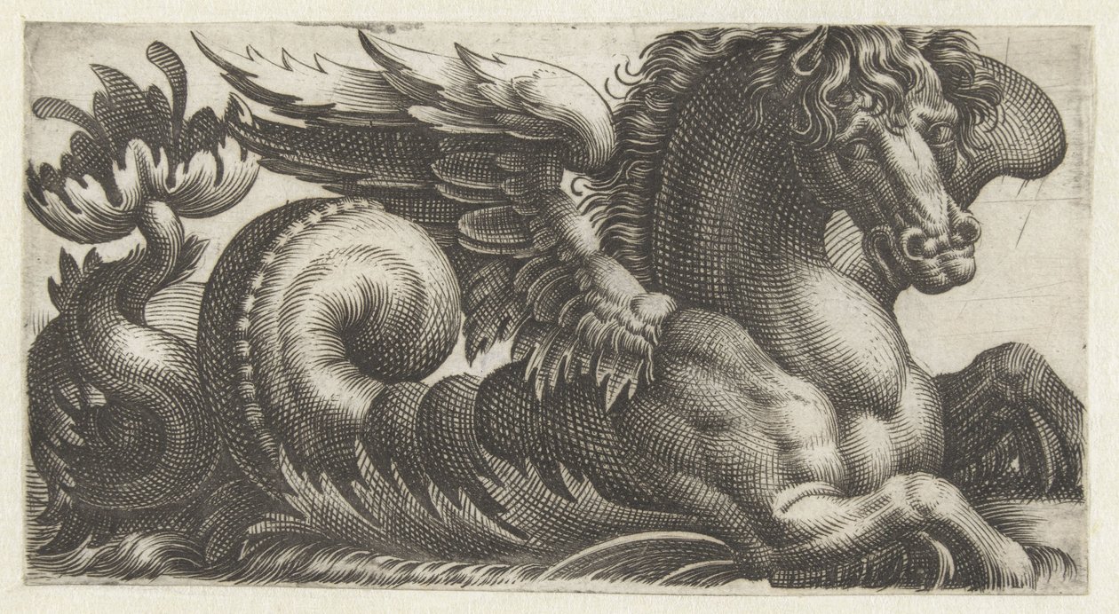 Bevinget sjøhest med et åpent blad i enden av halen hvorfra to pistiller stikker ut Frisere med sjømonstre (serietittel) av Giovanni Andrea Maglioli