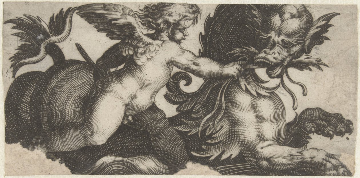 Putto mater et sjømonster med et blad Frisere med sjømonstre (serietittel) av Giovanni Andrea Maglioli