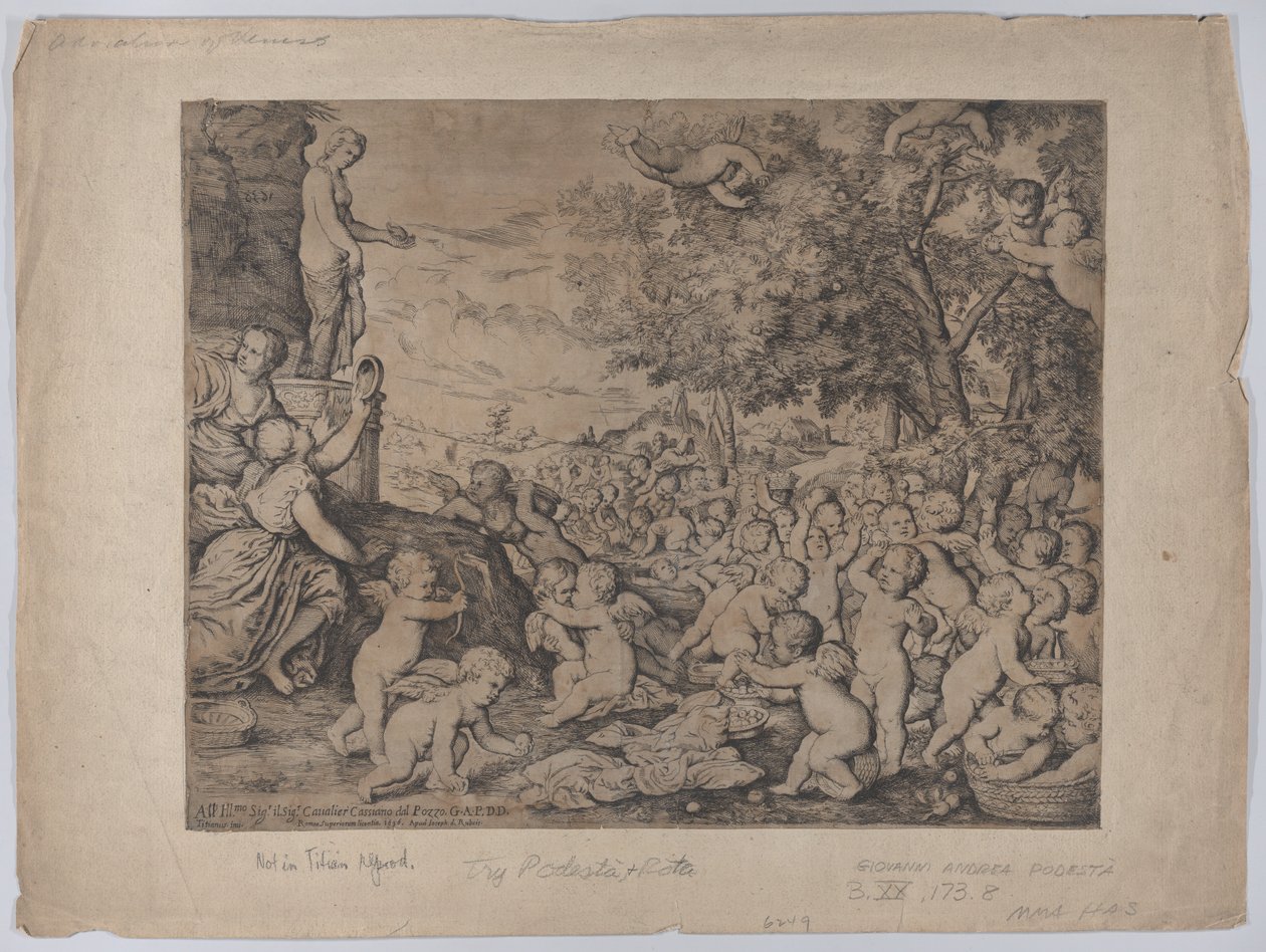 Putti foran en statue av Venus, etter Titian, 1636. av Giovanni Andrea Podesta