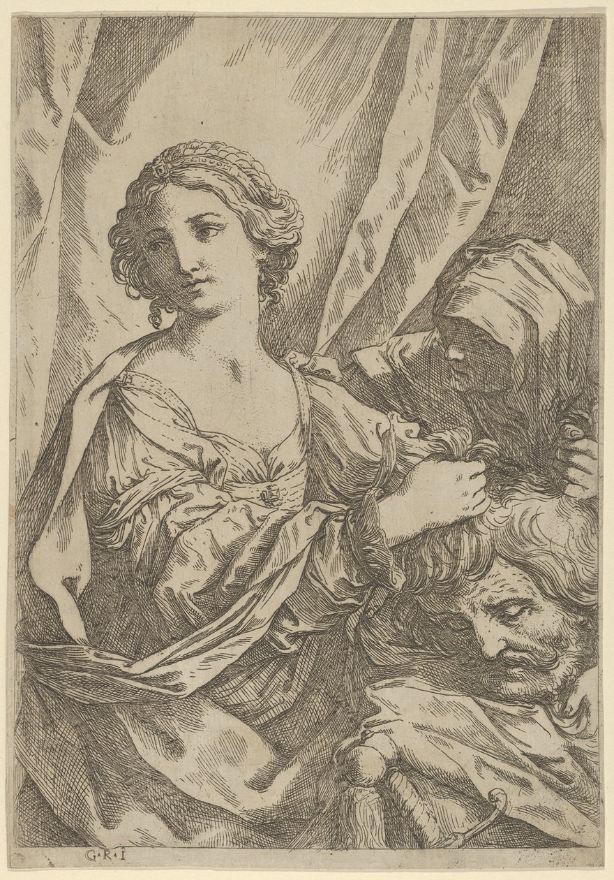Judith griper hodet til Holofernes i håret og ser til venstre, en gammel kvinne, 1600-1640. av Giovanni Andrea Sirani