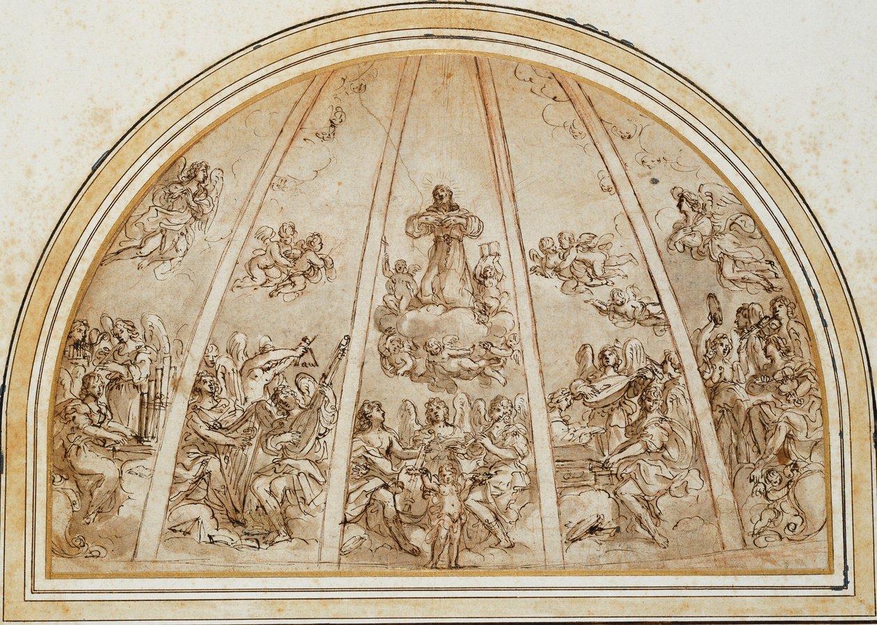The Apotheosis of Saint Francis Surrounded by Musician Angels: Design for an Apse or Half-Dome Divided by Ribs, av Giovanni Andrea Sirani