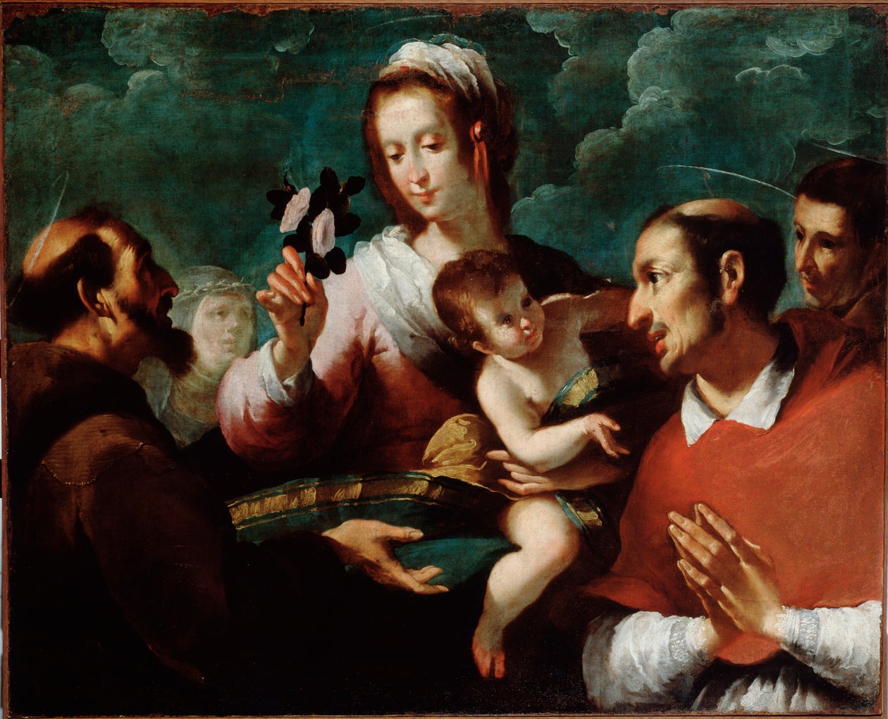 Jomfru og barn med Charles Borromee (Jomfru og barn med den hellige Carlo Borromeo) Maleri av Giovanni Andrea de Ferrari (ca. 1598-1669) Genes, Musei di Strada Nuova (ex Palazzo Bianco) av Giovanni Andrea di Ferrari